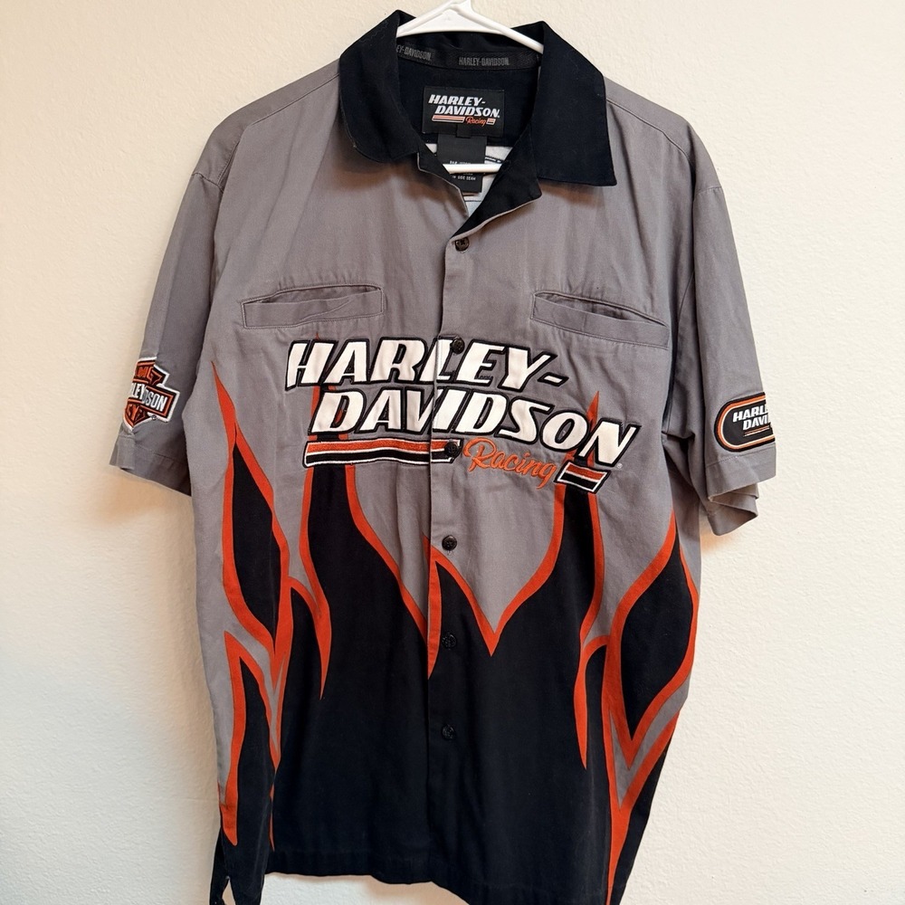 VTG Harley Davidson Racing Screaming Eagle Flames Embroidered Shirt Size Medium